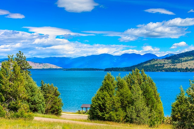 lake trees mountains